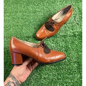 Vintage 1930's SZ 4 Women Erik Edwards Brown Leather Oxford Shoes Heels Scuffed